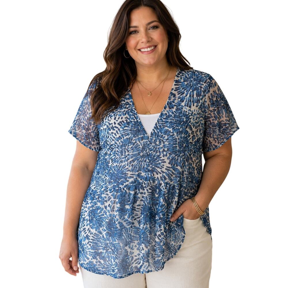 Lane Bryant Mesh Top Womens Size 22/24 Blue White Babydoll Lightweight 3X